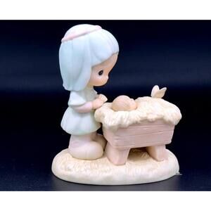 Precious Moments Nativity Figurine - Girl in Blue with Baby Jesus in Manger
